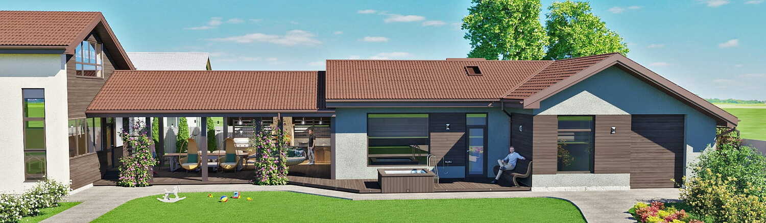 проект жома с террасой и зоной мангала фасад дома с террасой